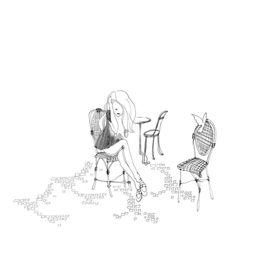 Illustration au stylo noir d'une femme assise sur une chaise de terrasse parisien regardant le pavé.