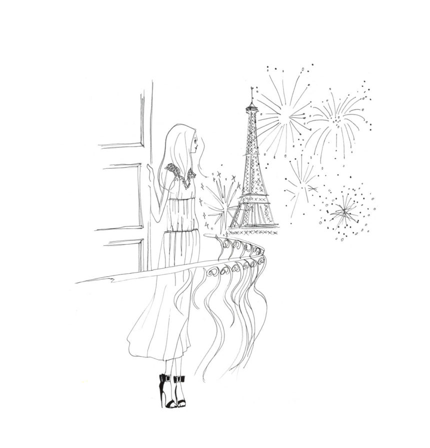 Illustration au style d'une femme sur un balcon regardant la Tour Eiffel et un feu d'artifice.