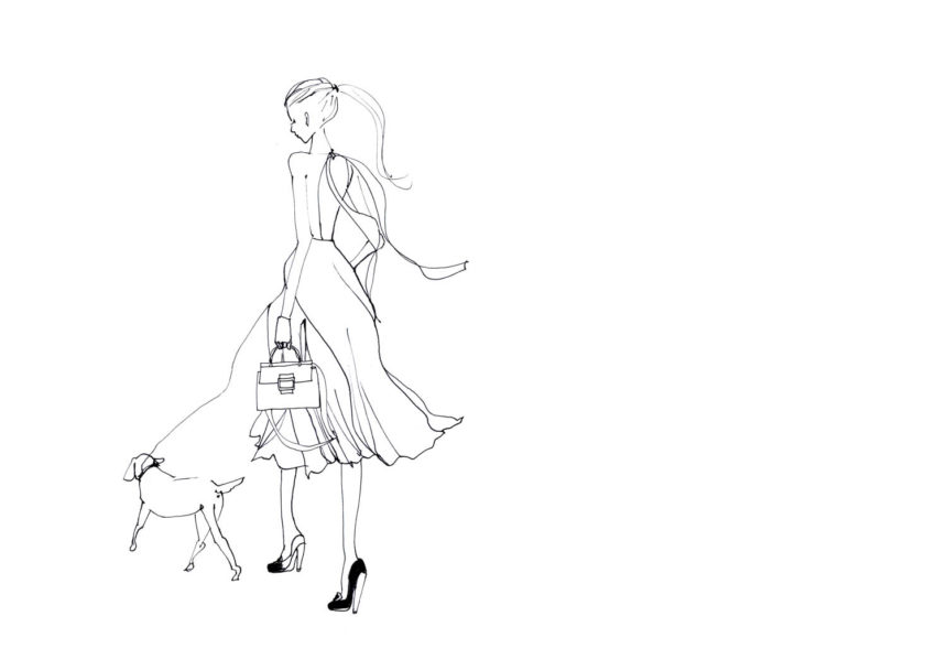 Illustration au stylo d'une femme promenant son chien.