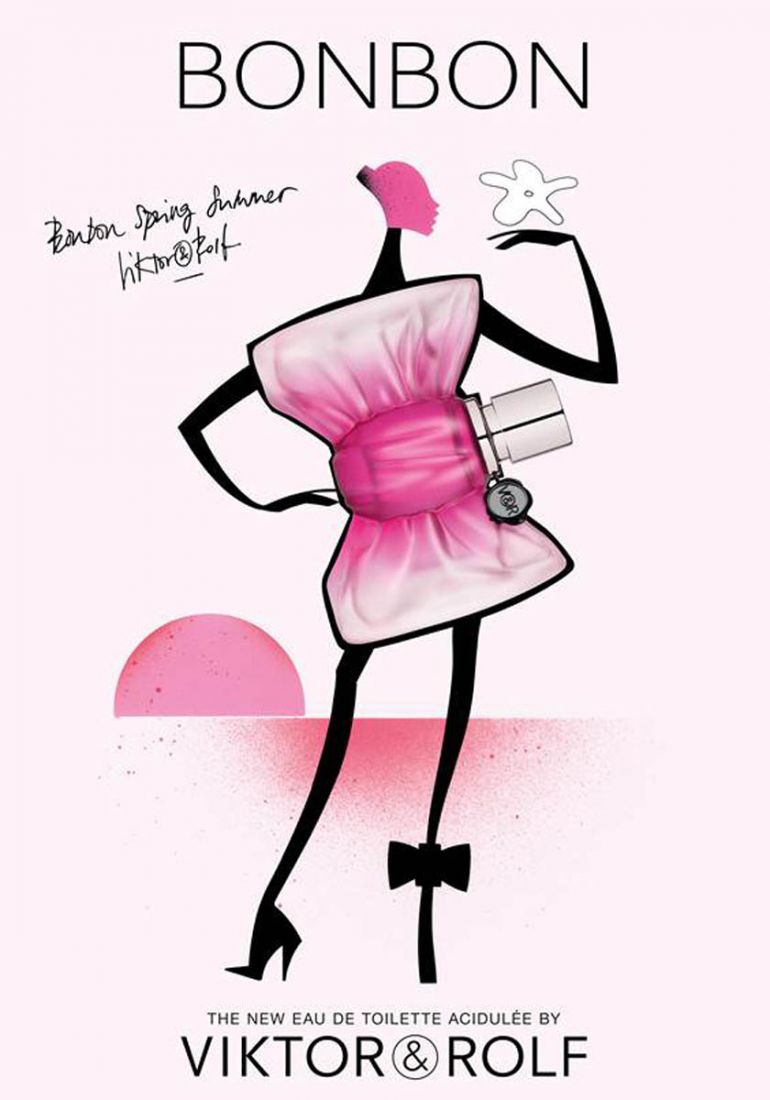 Graphic illustration of silhouette with the Bonbon bottle as dress.