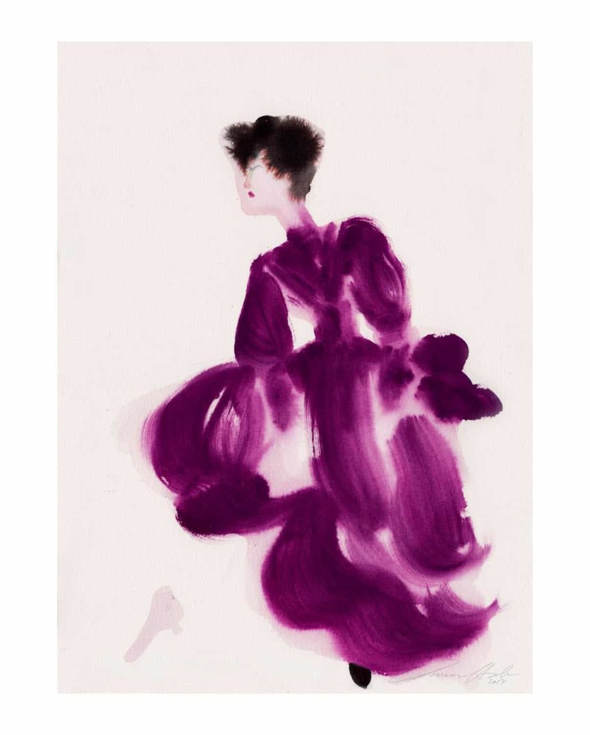 Ink illustration of purple dress, exposed at the V&A Museum London.