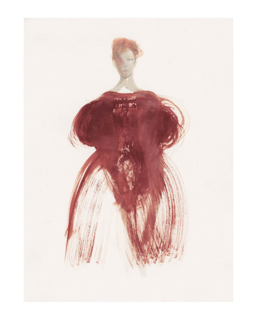 Illustration of a woman in red pink english daydress.