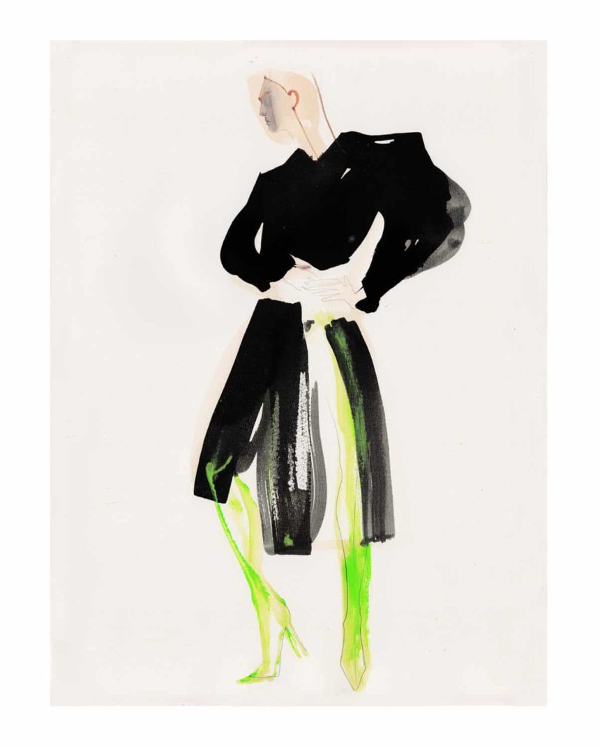 Illustration of black and green Balenciaga outfit.