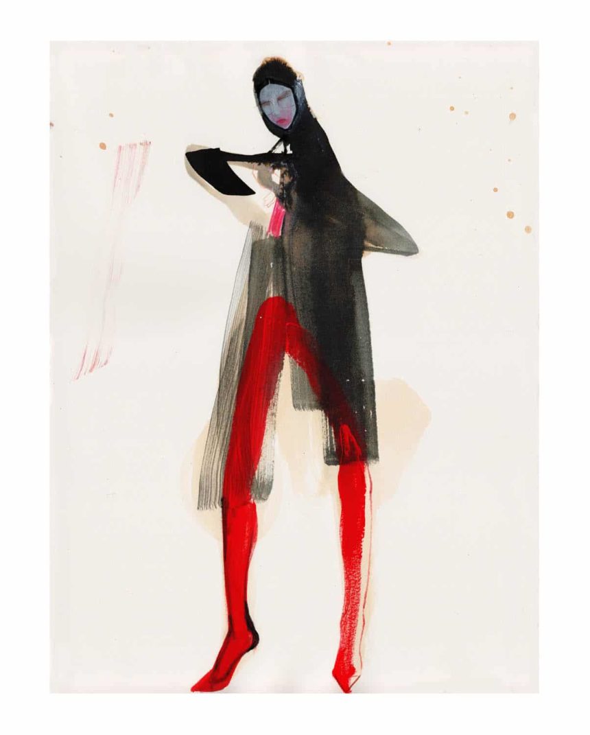 Illustration of woman wearing black and red Balenciaga outfit from 2016 collection.