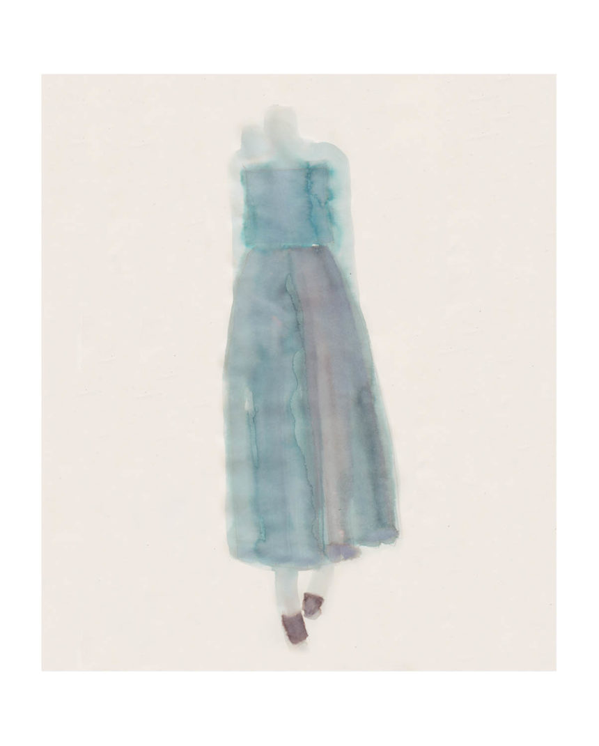 Ink illustration of woman wearing a blue Carolina Herrera dress.