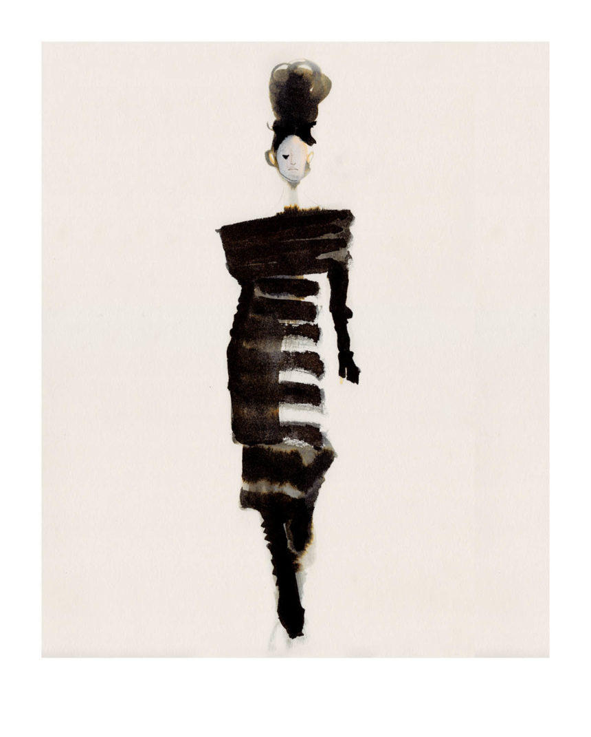 Ink illustration of woman wearing black Chanel dress with stripes.