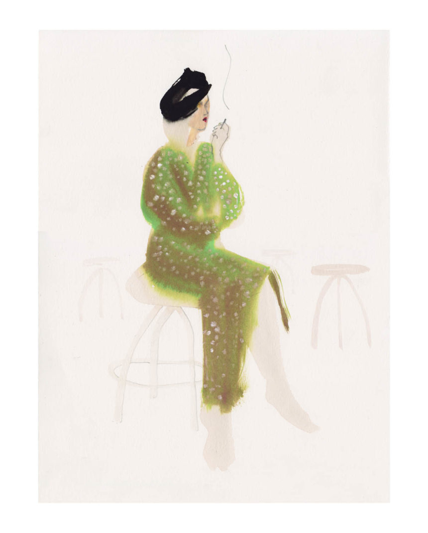 Illustration of sitting woman in green Balanciaga outfit and black hat.