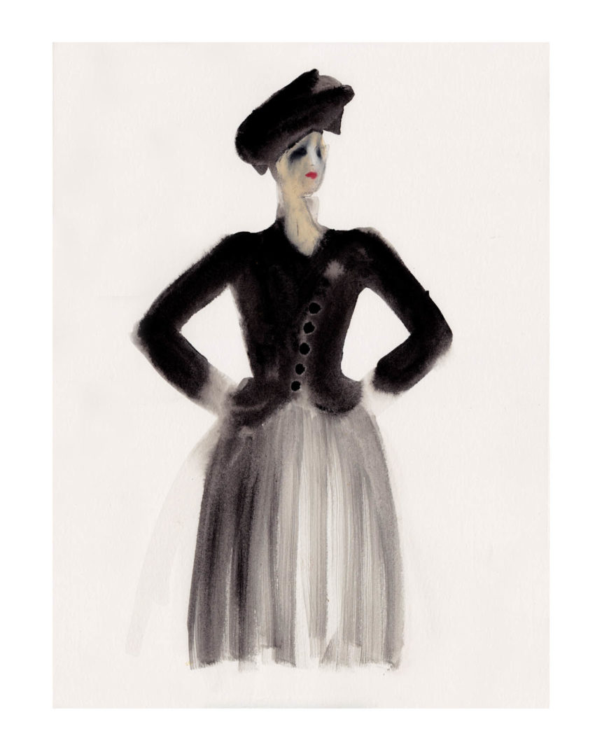Ink illustration of Dior 1905s dress, exposed at the V&A Museum London.
