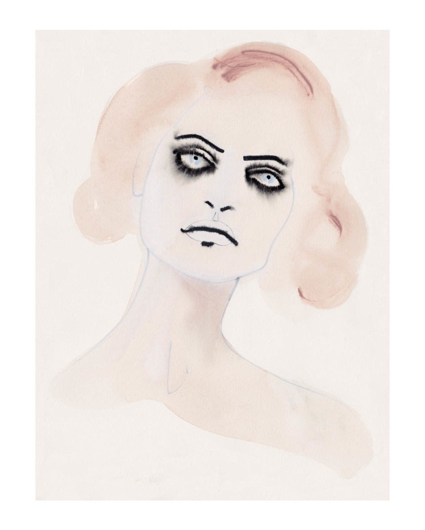 Ink illustration of woman with blue eyes and black eye lashes.