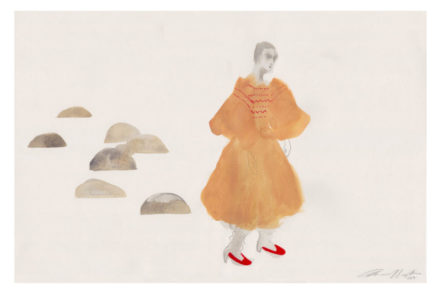 Ink illustration of orange Molly Goddard dress and stones in the background.