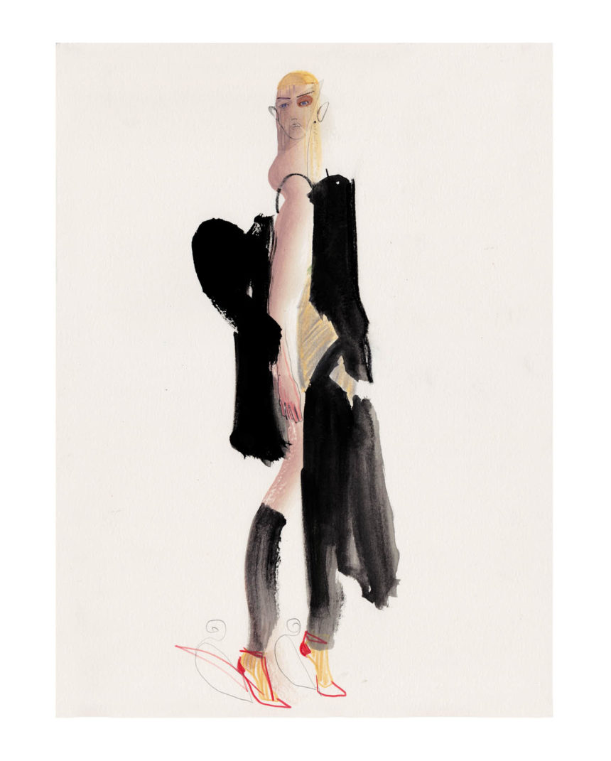 Illustration of woman wearing a black Margiela dress from 2016 collection.