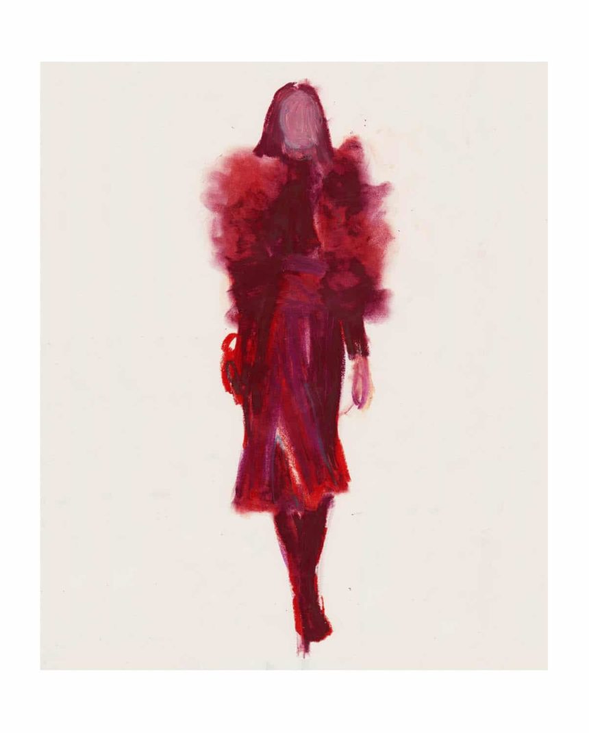 Ink illustration of walking woman wearing dark red Sonia Rykiel dress.