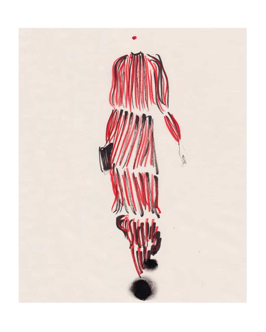 Ink illustration of walking woman dressed in red and black Sonia Rykiel dress.