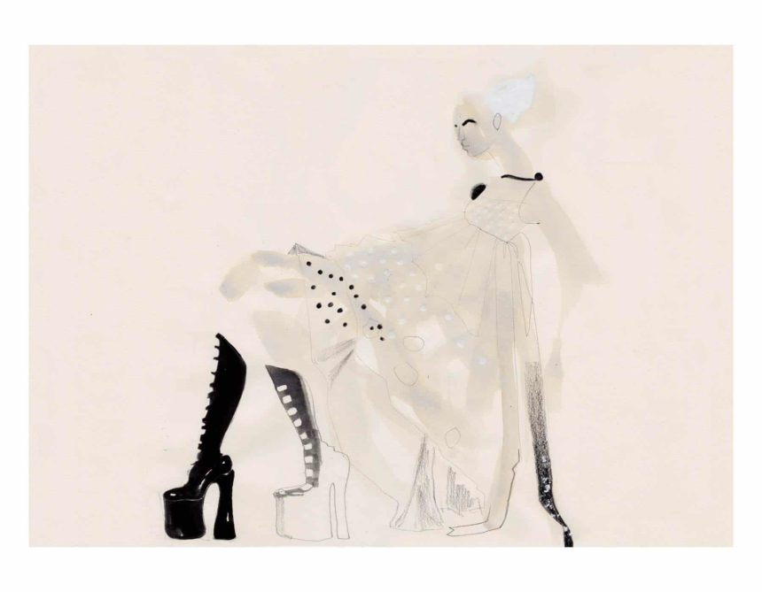 Ink illustration of woman wearing Marc Jacobs high-heel boots from 2016 collection.