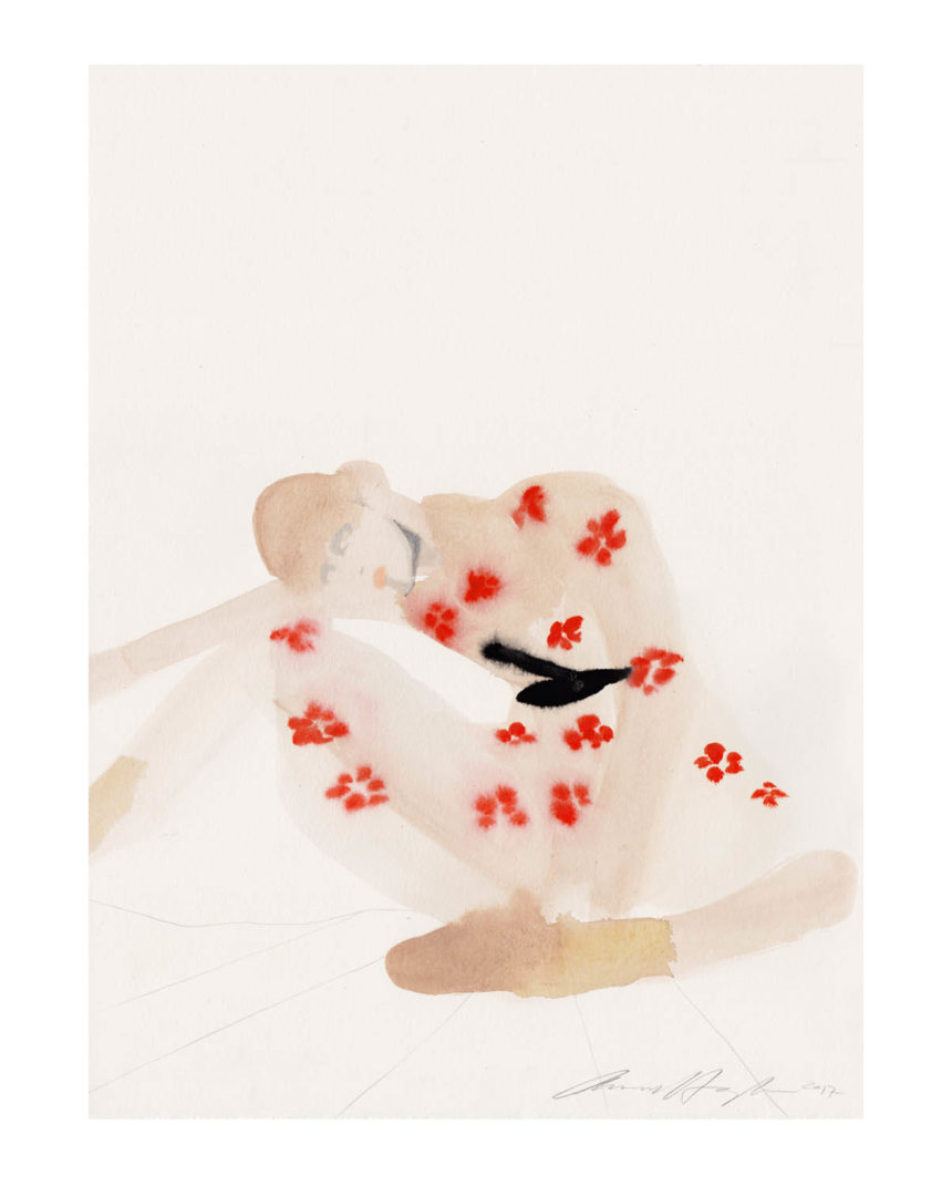 Illustration of woman wearing a Simone Rocha dress with red flowers.