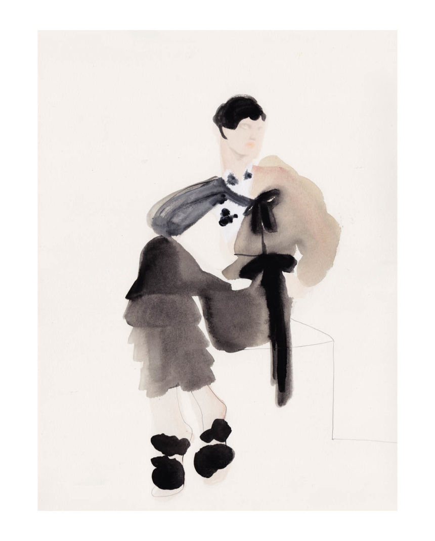 Ink illustration of woman wearing a Simone Rocha outfit.