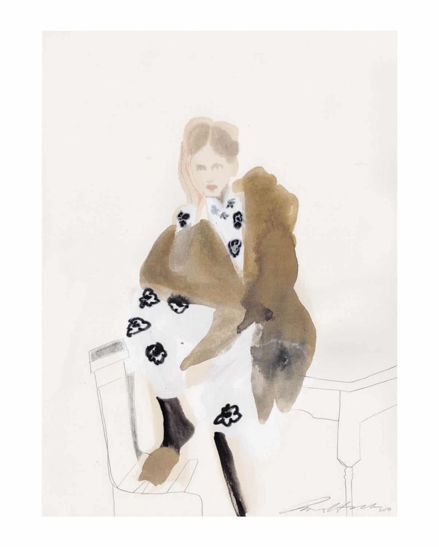 Ink illustration of woman wearing a Simone Rocha outfit from 2017 collection.