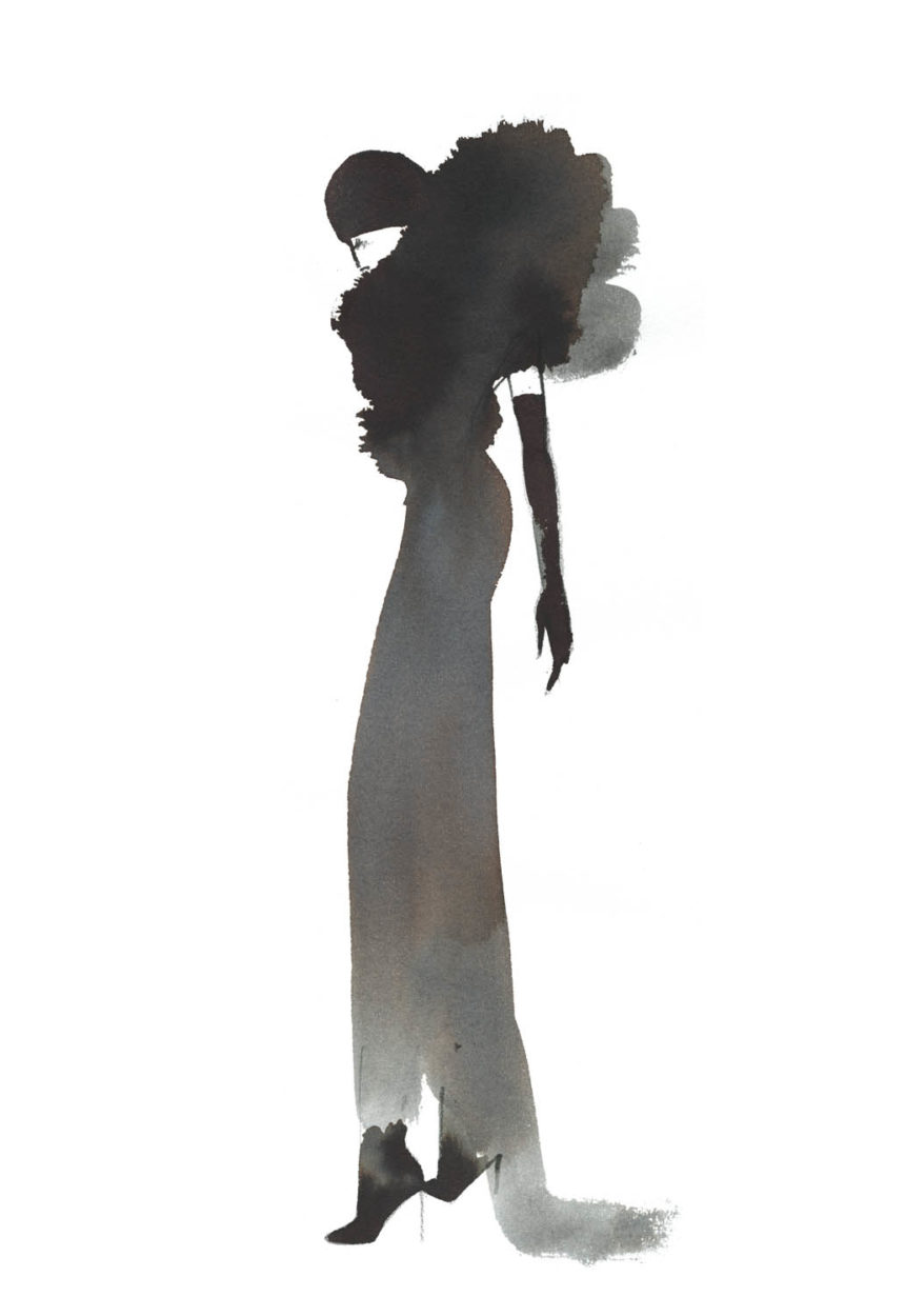 Black ink illustration of fashion silhouette in profile.