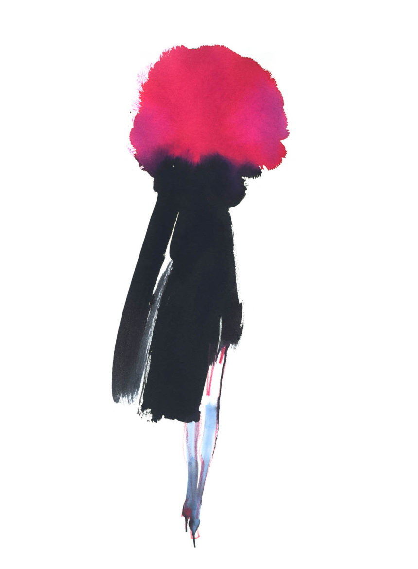 Ink illustration of walking silhouette with big pink hair.