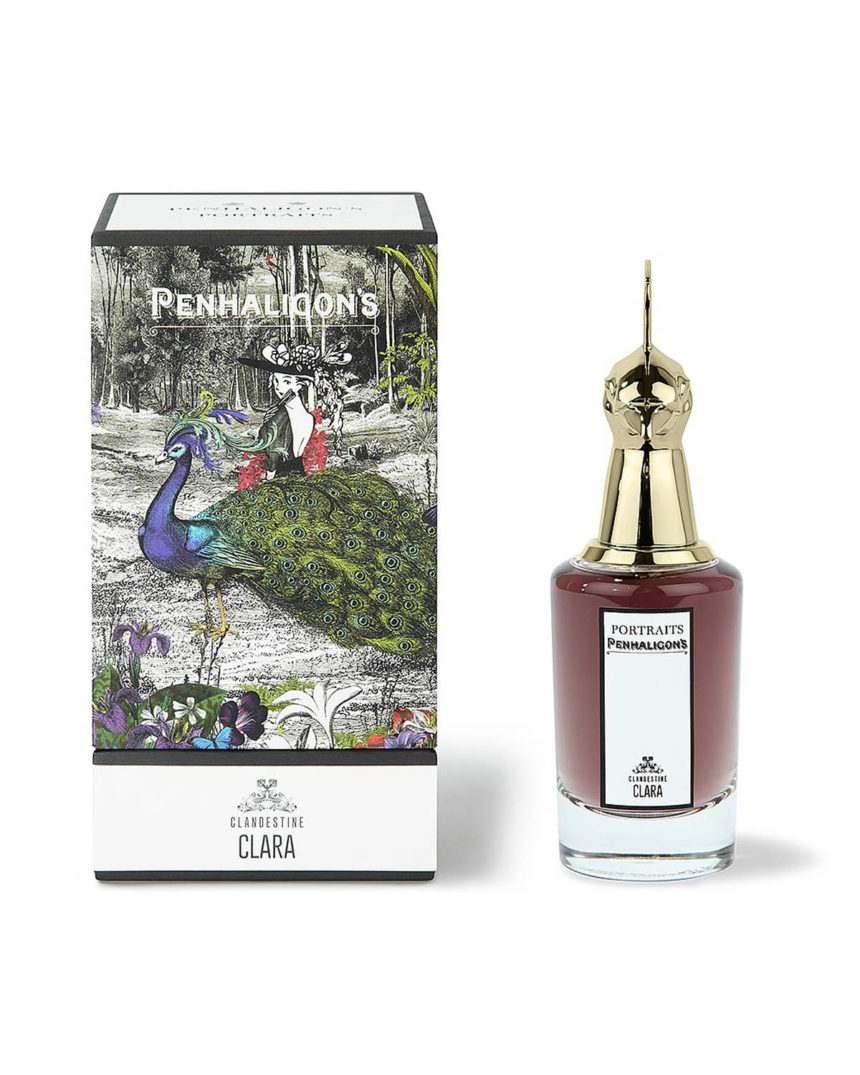 Flacon avec tête de paon et étui du parfum Clandestine Clara de Portraits Family de Penhaligon's.