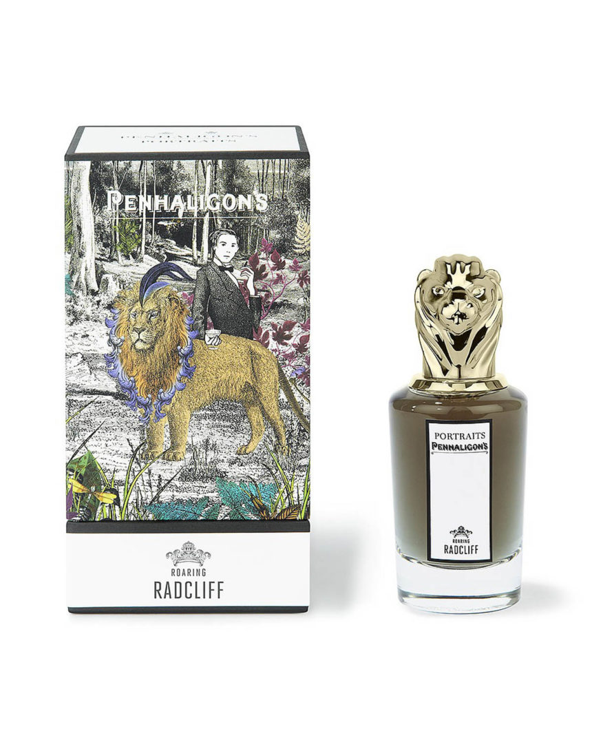 Flacon avec tête de lion et étui du parfum Roaring Radcliff de Portraits Family de Penhaligon's.
