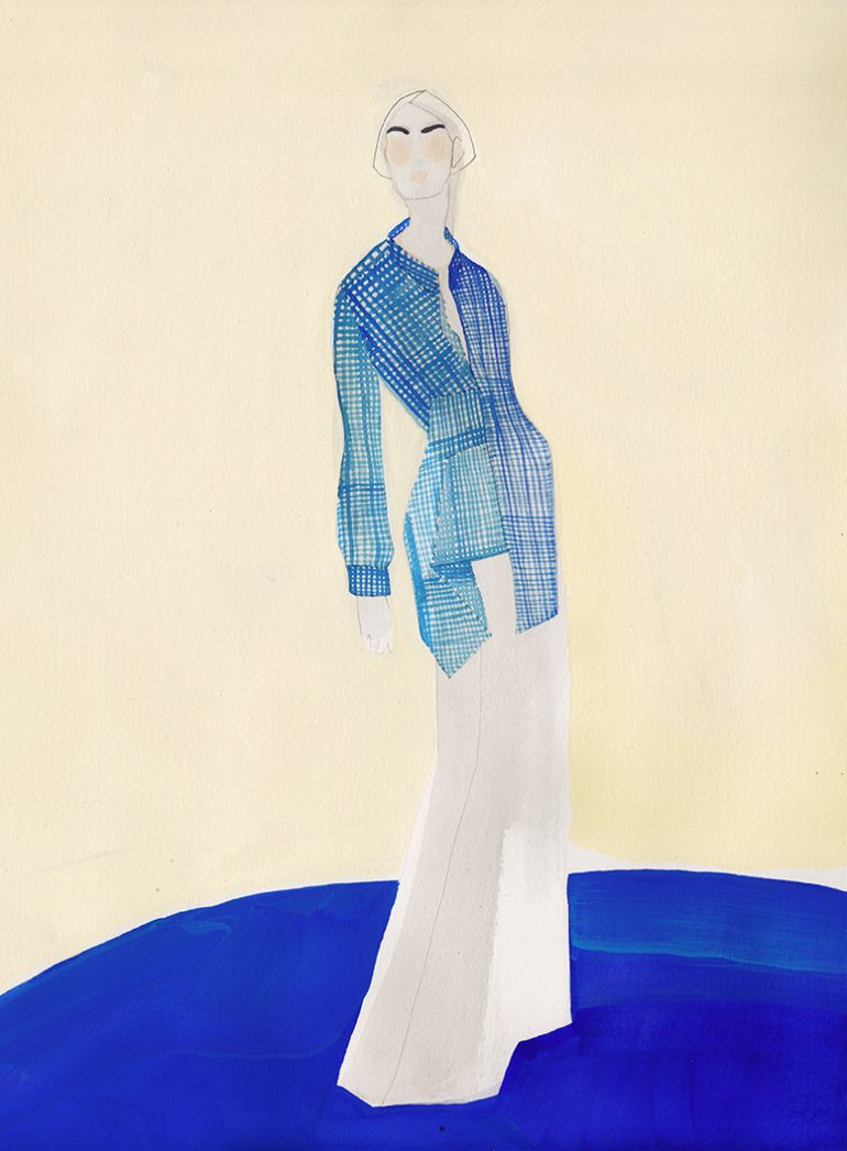 Illustration of woman with blue vest on a klein blue ground, for Alessia Xoccato.