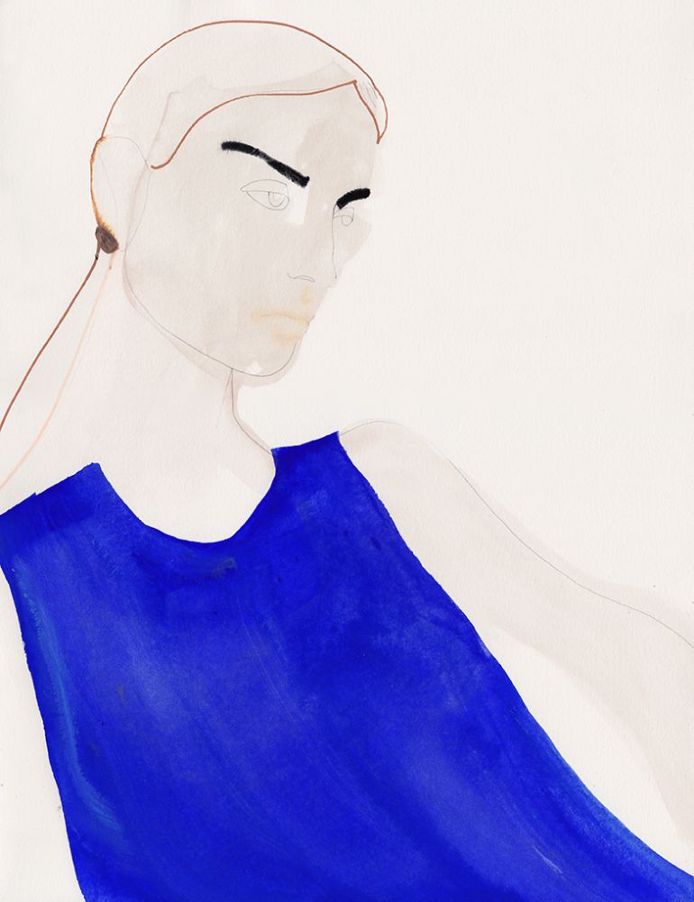 Illustration of woman with klein blue top and dark eye brows, for Alessia Xoccato.