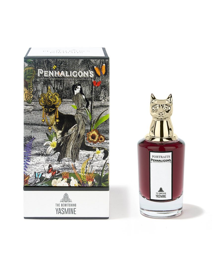 Flacon avec tête de chat et étui du parfum Bewithcing Yasmine de Portraits Family de Penhaligon's.