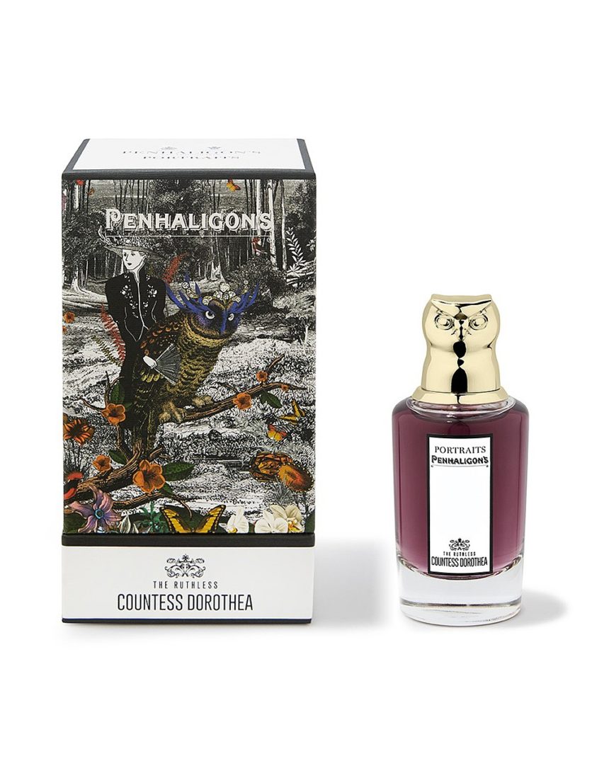 Flacon avec tête de owl et étui du parfum Countess Dorothea de Portraits Family de Penhaligon's.