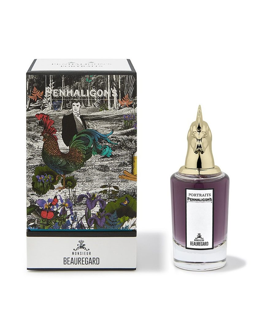 Flacon avec tête de coq et étui du parfum Monsieur Beauregard de Portraits Family de Penhaligon's.