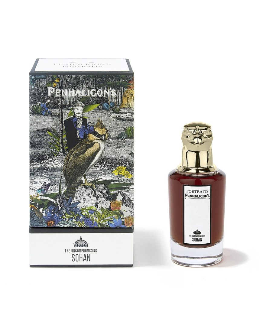 Flacon avec tête d'aigle et étui du parfum Uncompromising Sohan de Portraits Family de Penhaligon's.