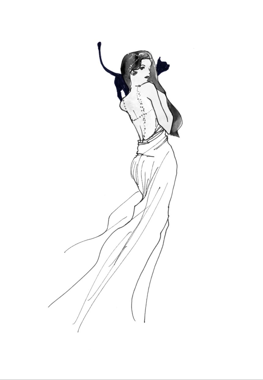 Illustration d'une belle femme en robe de soirée portant un chat noir sur l'épaule.