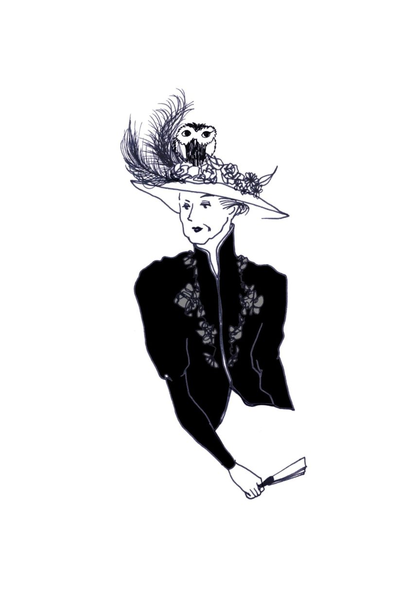 Illustration d'une femme élégante âgée portant un chapeau avec un hibou et un éventail à la main.