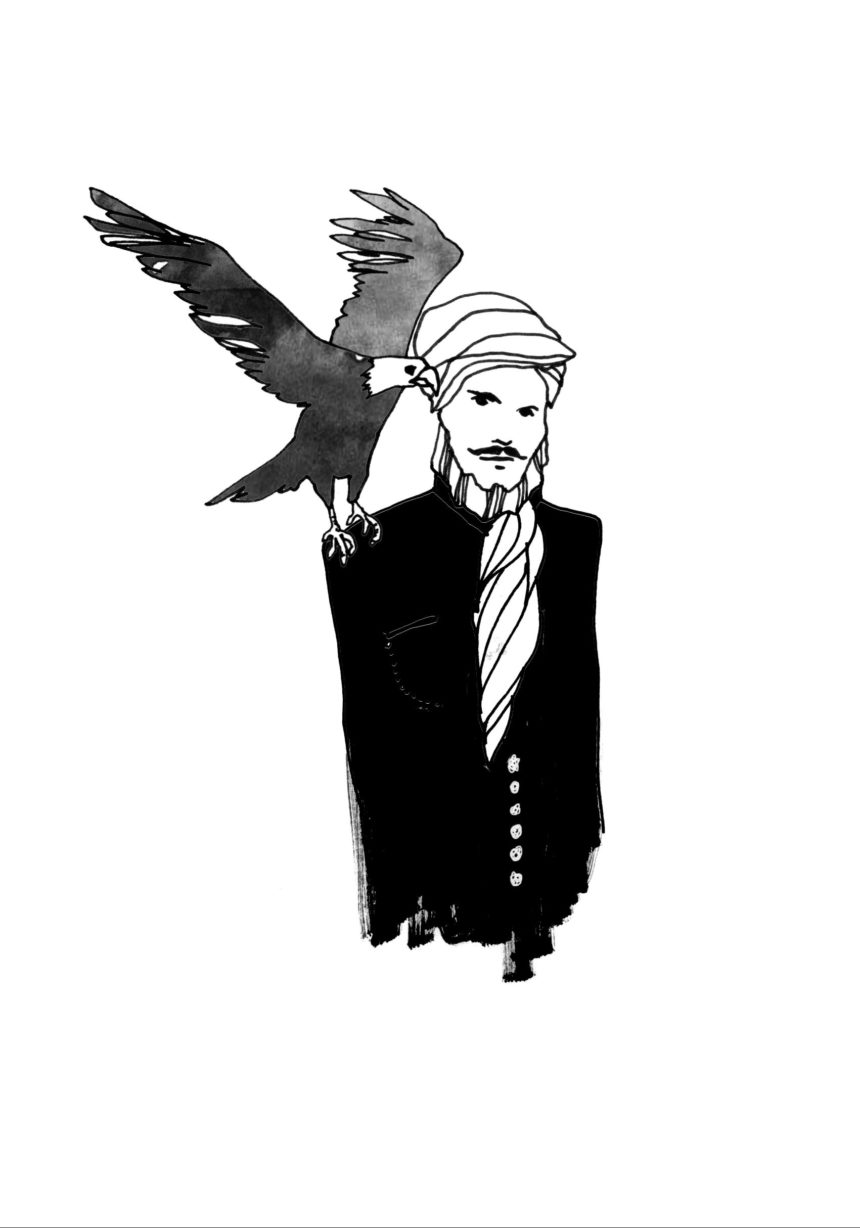 Illustration au stylo noir d'un homme en veste noire élégante et un aigle sur l'épaule.