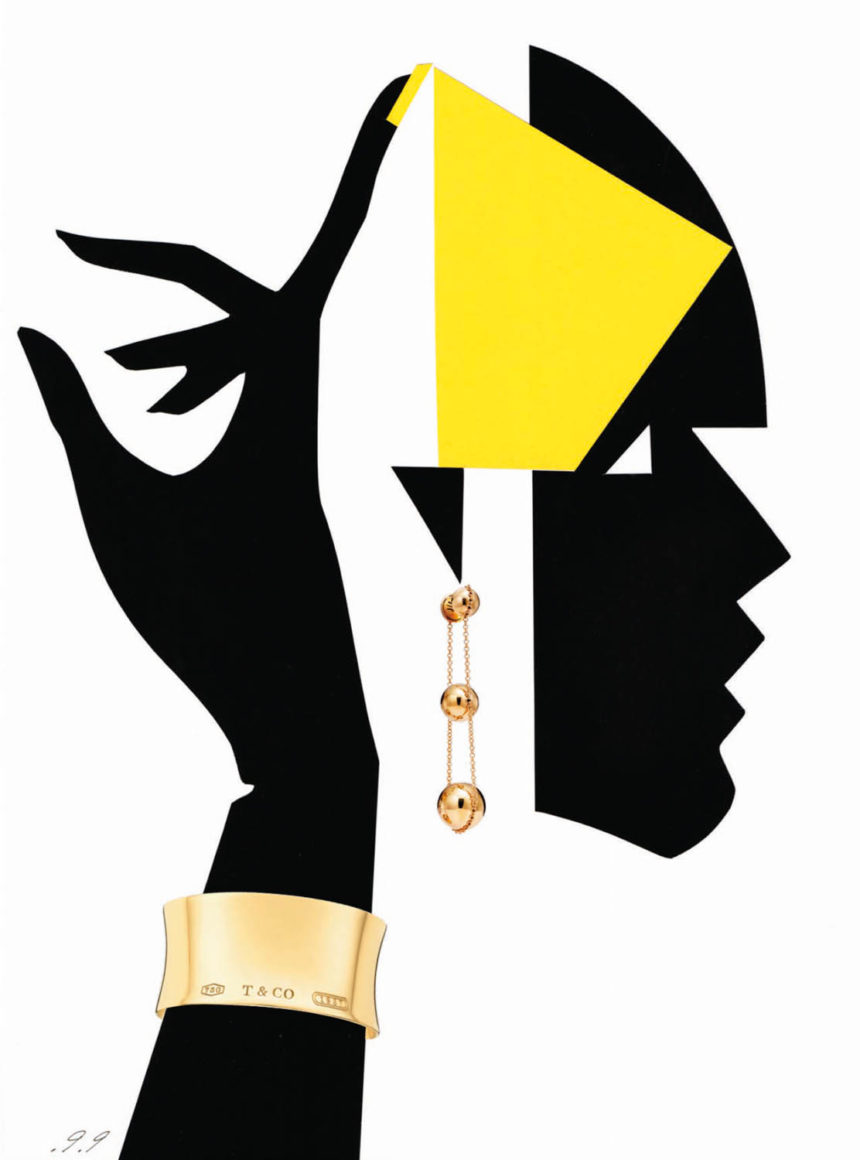 Graphic illustration of woman in profile holding jewelry.