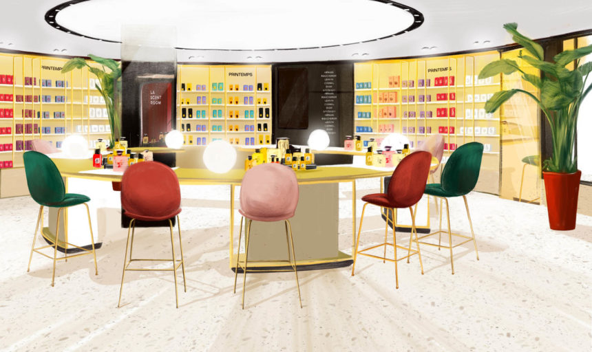 Illustration of the Printemps Beauté department perfume bar with high chairs.