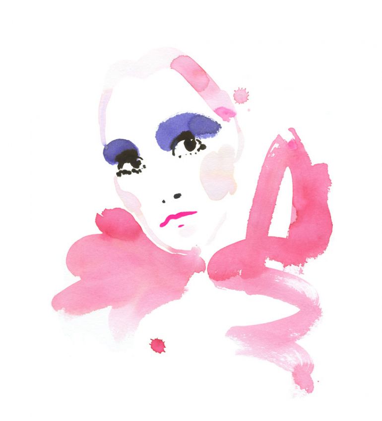 Ink illustration of woman's face with pink bow and purple make-up.