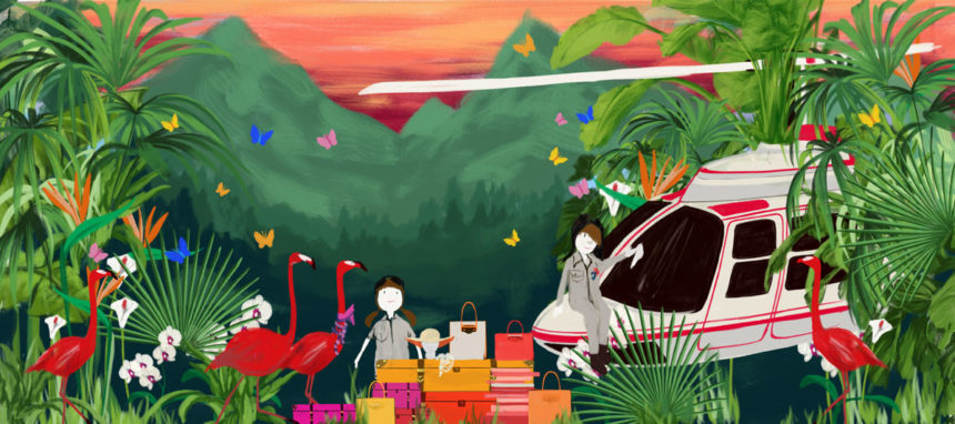 Digital illustration of a helicopter and a sunset.