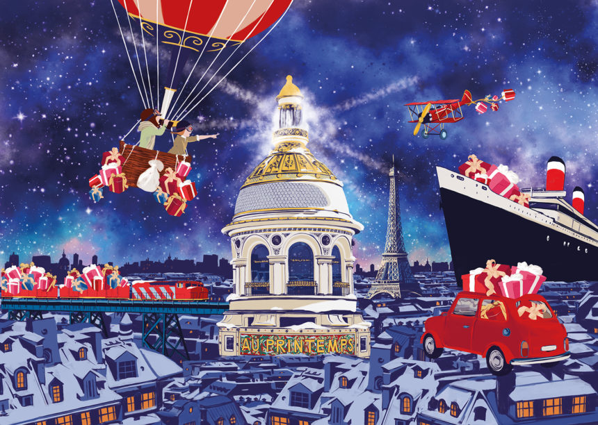 Illustration of the Printemps coupole with air balloon, red Fiat 500 and boat. Paris by night with Printemps dome. Christmas campaign 2017.