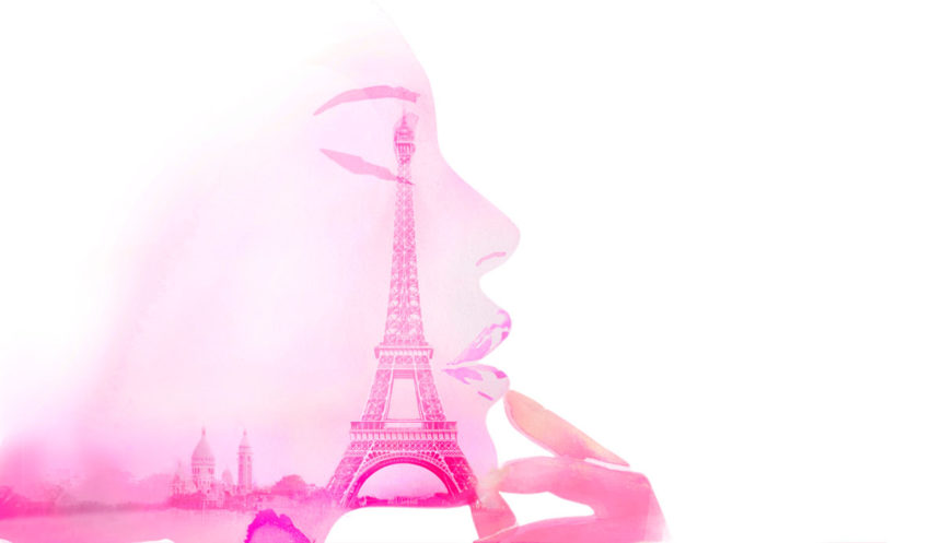 Composition of photo and illustrations with a woman in profile and the Eiffel tower.
