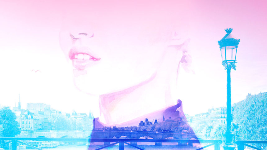 Composition of a photo of Paris and an illustration of a woman.