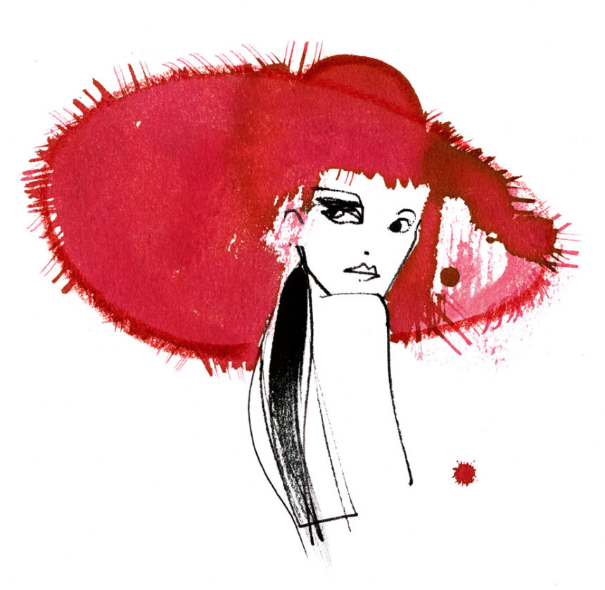 Ink illustration of woman with big red hat.