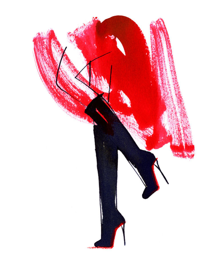 Illustration of legs wearing black boots and a red skirt.