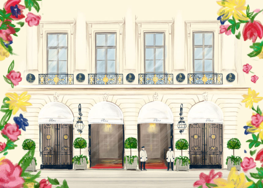 Illustration of the Ritz hotel in Paris with flower-frame. By Spiros Halaris.