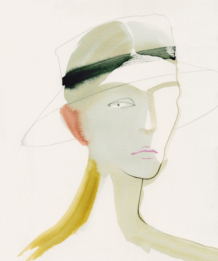 Illustration of woman with Chanel hat, spring summer 2018, for Vogue Australia by Amelie Hegardt.