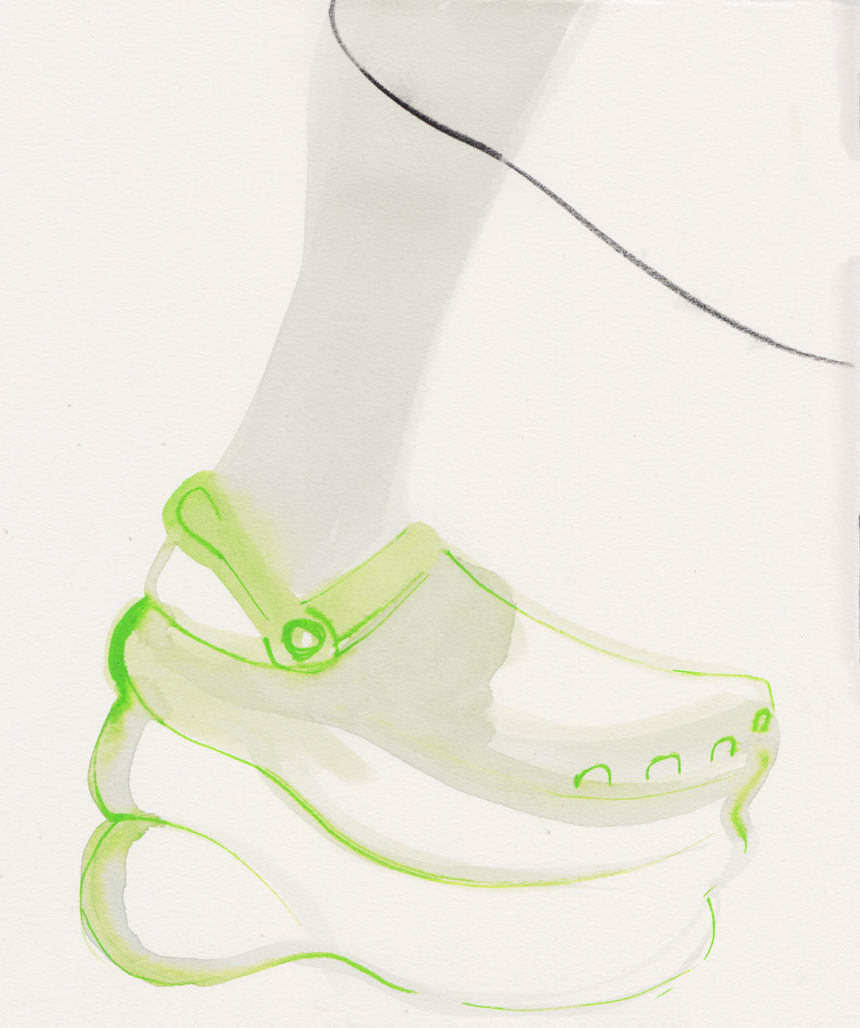 Illustration of green clogs, spring summer 2018, for Vogue Australia by Amelie Hegardt.