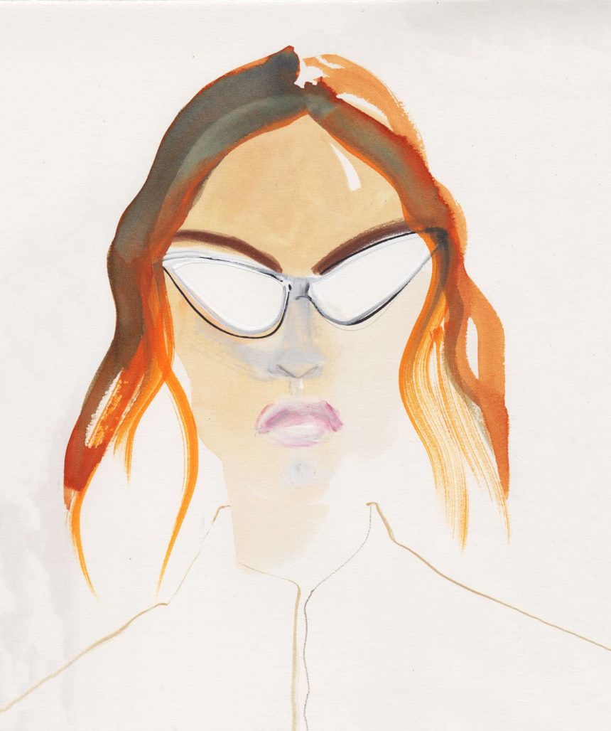 Ink illustration of woman wearing Louis Vuitton glasses.