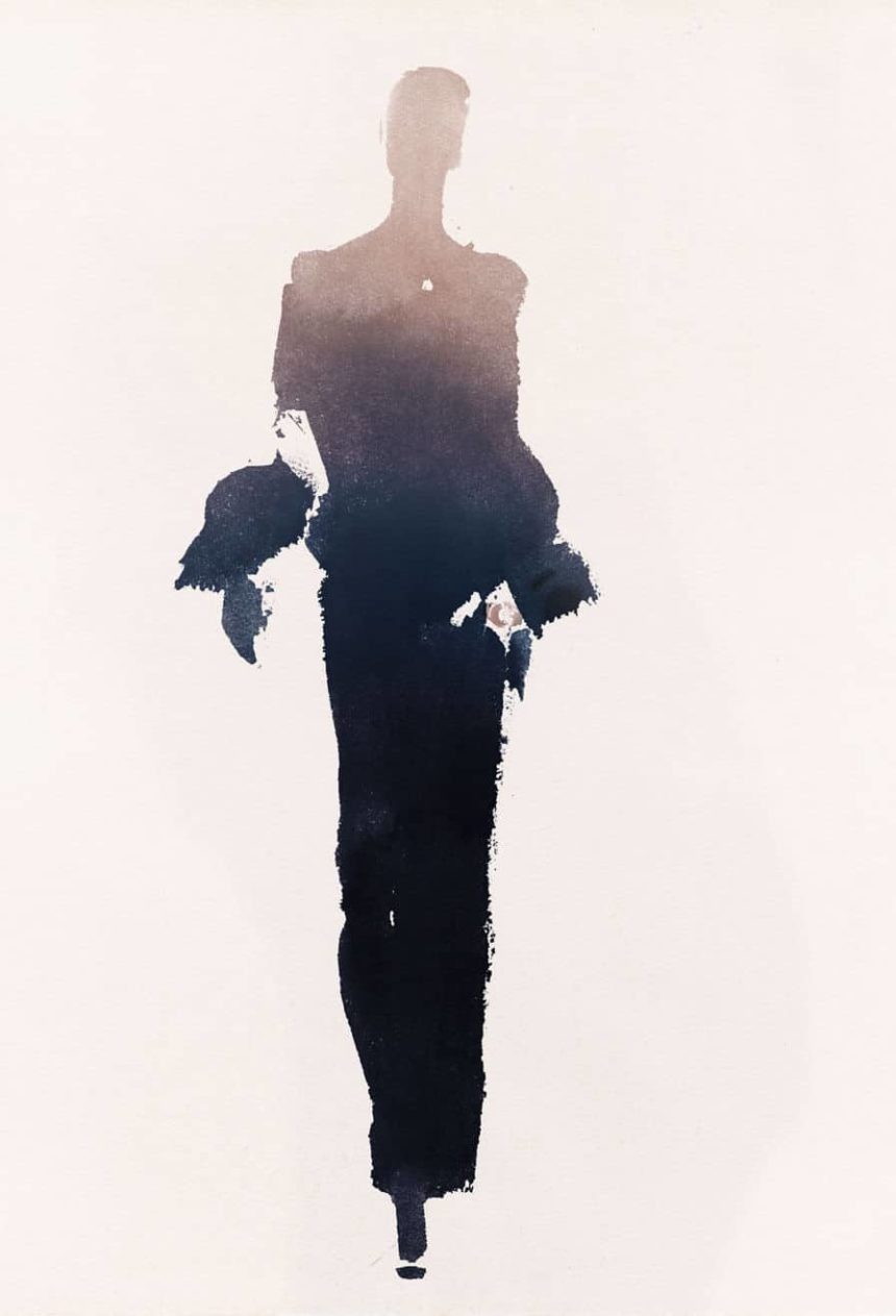 Ink illustration with pink and blue shades of woman walking wearing an Omega watch.