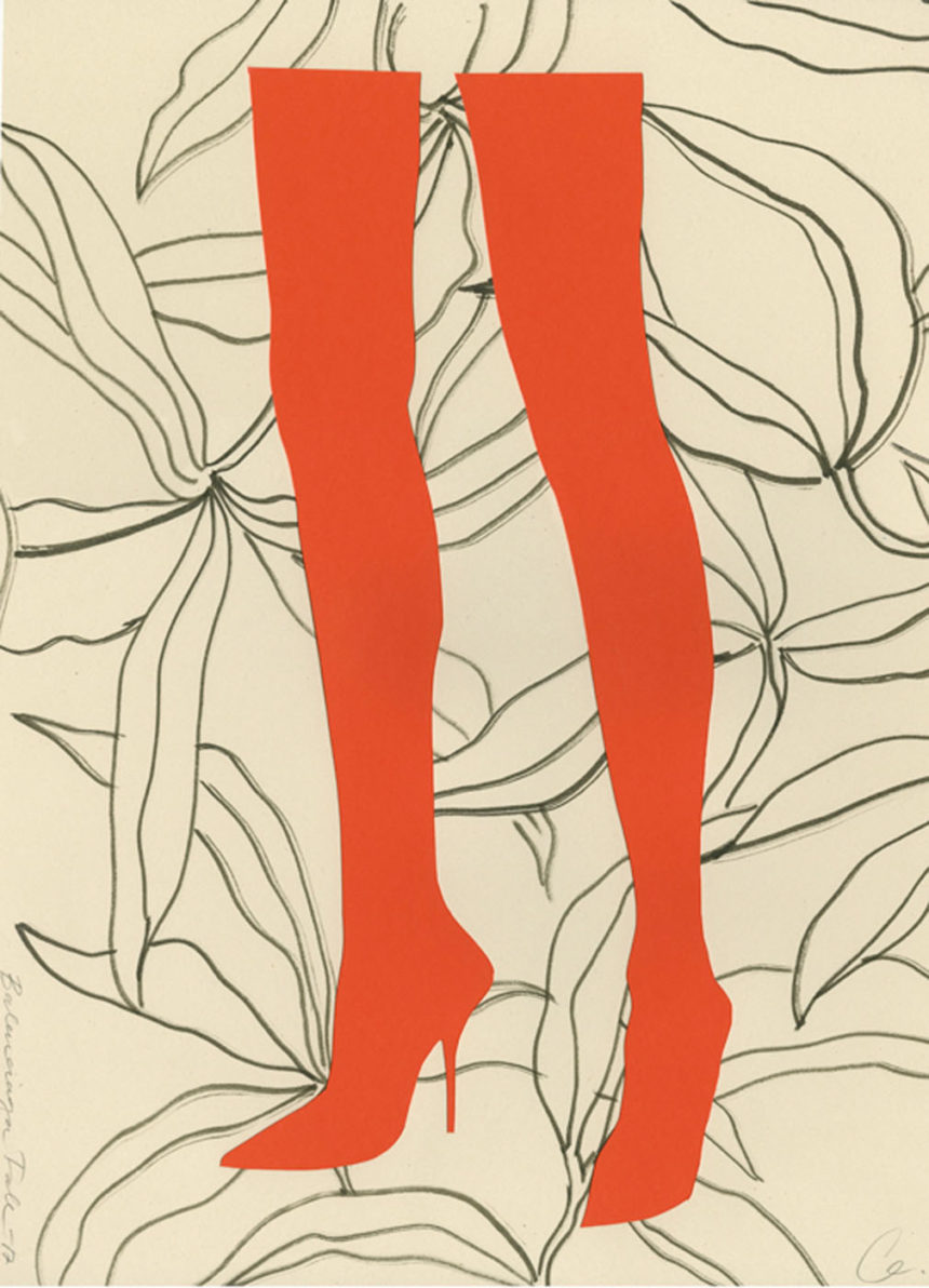Red legs on a line-drawing pattern