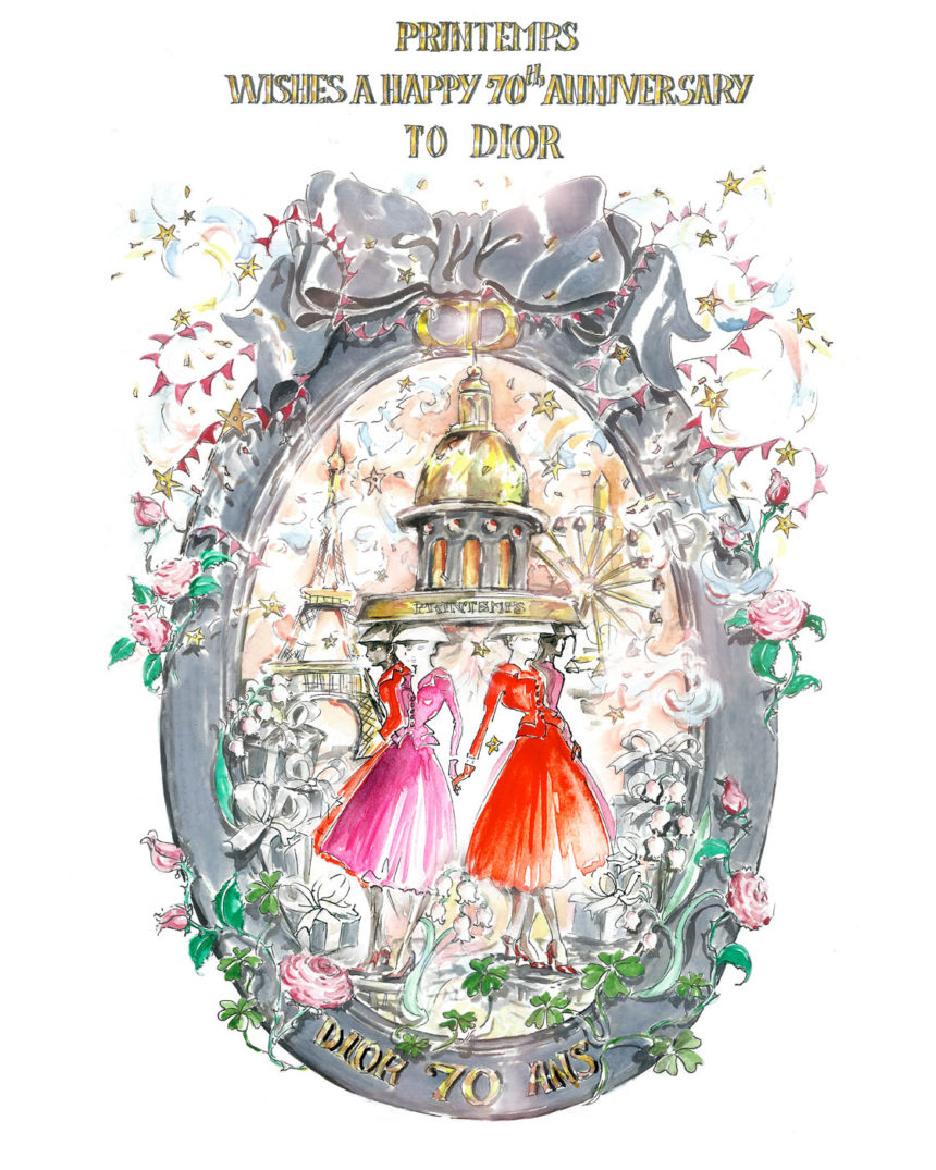 Illustration de deux femmes en robes Dior rouge et rose.